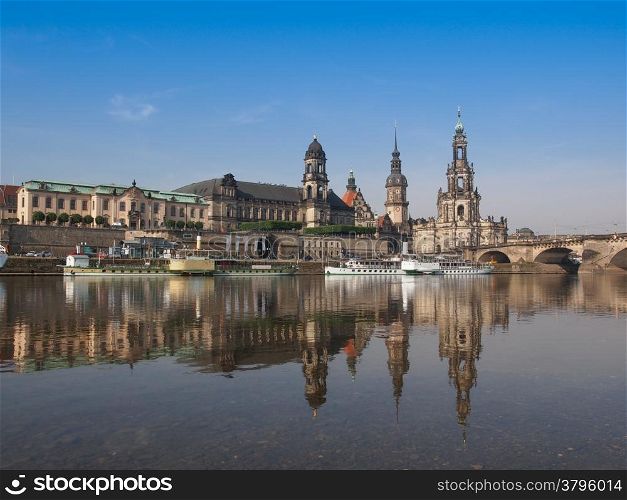 Dresden Cathedral of the Holy Trinity aka Hofkirche Kathedrale Sanctissimae Trinitatis in Dresden Germany seen from the Elbe river. Dresden Hofkirche