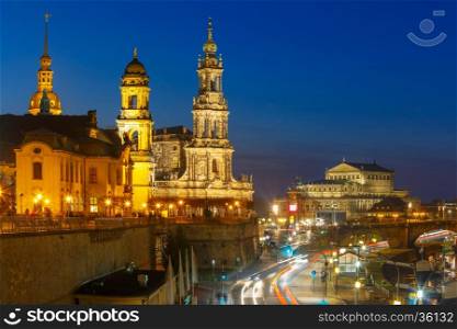 Dresden Cathedral of the Holy Trinity or Hofkirche, Bruehl's Terrace or The Balcony of Europe and Semperoper at night in Dresden, Saxony, Germany