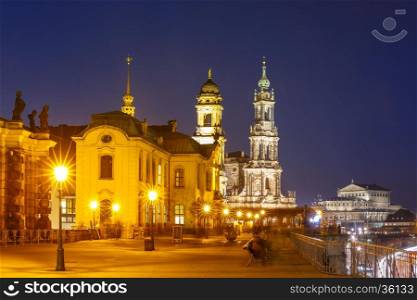 Dresden Cathedral of the Holy Trinity or Hofkirche, Bruehl's Terrace or The Balcony of Europe and Semperoper at night in Dresden, Saxony, Germany