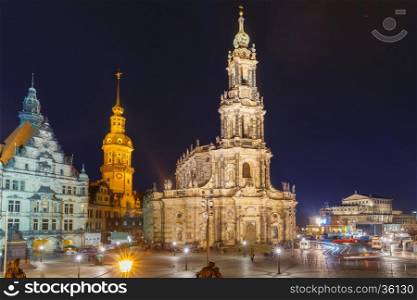 Dresden Cathedral of the Holy Trinity or Hofkirche, Dresden Castle or Royal Palace and Semperoper at night in Dresden, Saxony, Germany