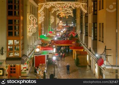 Dresden. Christmas street.. Celebratory Christmas illumination on the streets of Dresden at Christmas.