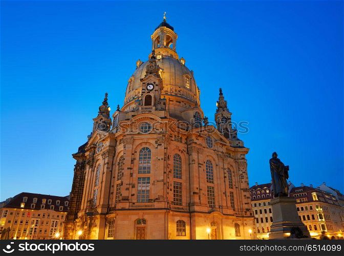 Dresden Frauenkirche church in Saxony Germany. Dresden sunset Frauenkirche Lutheran church in Saxony of Germany