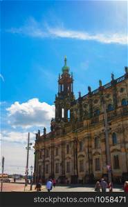 Dresden, Germany in a beautiful summer day. Historical and cultural center of Europe. Cathedral of the Holy Trinity aka Hofkirche Kathedrale Sanctissimae Trinitatis. Dresden Historical and cultural center Europe.