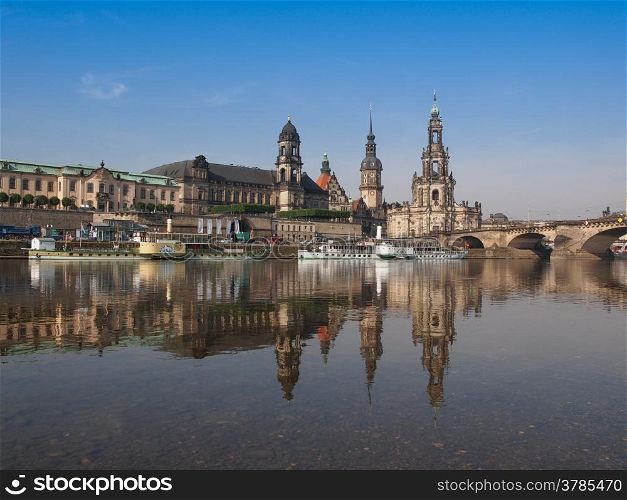 Dresden Hofkirche. Dresden Cathedral of the Holy Trinity aka Hofkirche Kathedrale Sanctissimae Trinitatis in Dresden Germany seen from the Elbe river