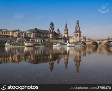 Dresden Hofkirche. Dresden Cathedral of the Holy Trinity aka Hofkirche Kathedrale Sanctissimae Trinitatis in Dresden Germany seen from the Elbe river