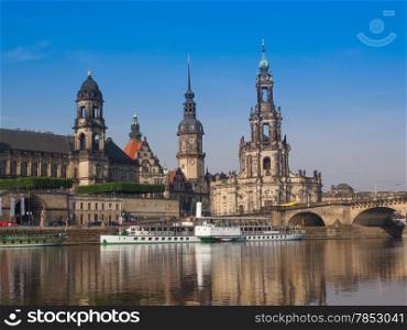 Dresden Hofkirche. Dresden Cathedral of the Holy Trinity aka Hofkirche Kathedrale Sanctissimae Trinitatis in Dresden Germany seen from the Elbe river