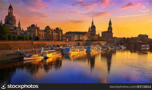 Dresden skyline and Elbe river in Saxony Germany. Dresden skyline reflecion in Elbe river at sunset in Saxony of Germany