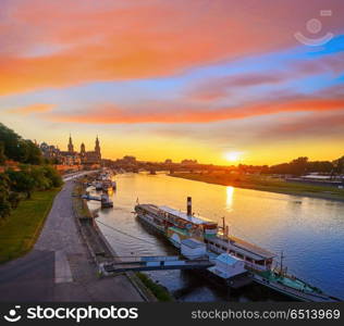 Dresden skyline and Elbe river in Saxony Germany. Dresden skyline reflecion in Elbe river at sunset in Saxony of Germany