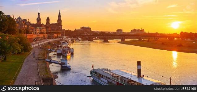 Dresden skyline and Elbe river in Saxony Germany. Dresden skyline reflecion in Elbe river at sunset in Saxony of Germany