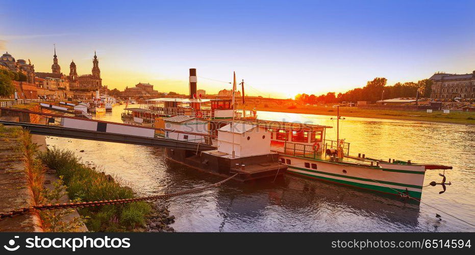 Dresden skyline and Elbe river in Saxony Germany. Dresden skyline reflecion in Elbe river at sunset in Saxony of Germany