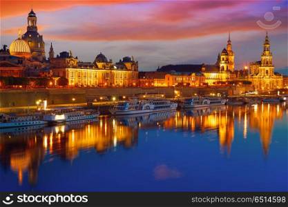 Dresden skyline and Elbe river in Saxony Germany. Dresden sunset skyline reflecion in Elbe river in Saxony of Germany