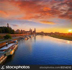 Dresden skyline reflecion in Elbe river at sunset in Saxony of Germany. Dresden skyline and Elbe river in Saxony Germany