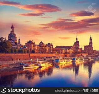 Dresden skyline reflecion in Elbe river at sunset in Saxony of Germany. Dresden skyline and Elbe river in Saxony Germany