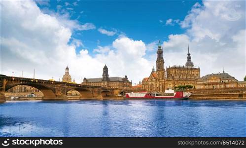 Dresden skyline reflecion in Elbe river in Saxony of Germany. Dresden skyline and Elbe river in Saxony Germany