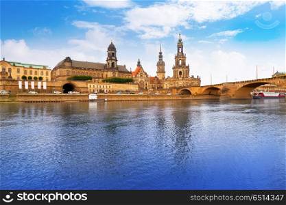 Dresden skyline reflecion in Elbe river in Saxony of Germany. Dresden skyline and Elbe river in Saxony Germany