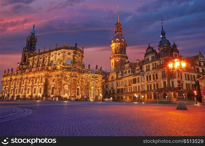 Dresden sunset Residenzschloss and Hofkirche. Dresden sunset Residenzschloss and Hofkirche buildings in Germany