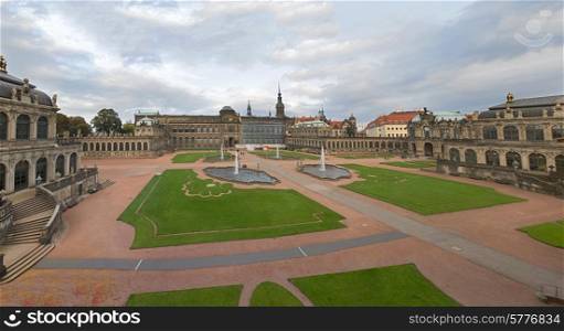 Dresden Zwinger palace panorama with fountains and park, Germany&#xA;