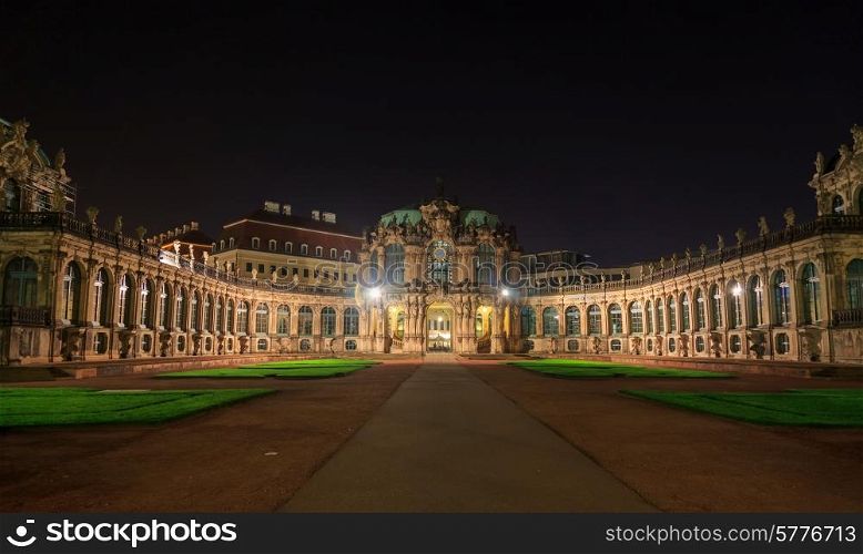 Dresden Zwinger palace panorama with illumination at night, Germany&#xA;