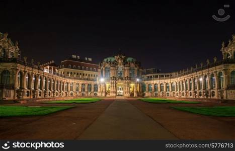 Dresden Zwinger palace panorama with illumination at night, Germany&#xA;