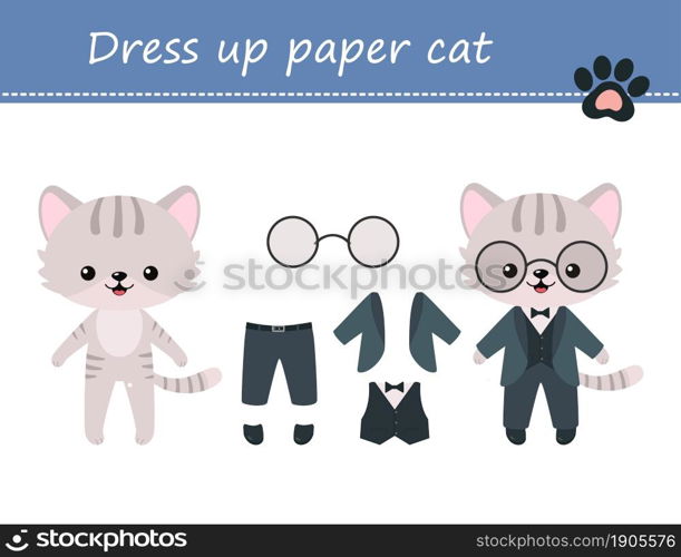 Dress up cute kawaii paper cat. Cartoon flat style. Vector illustration