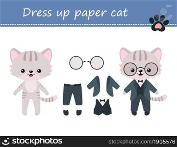 Dress up cute kawaii paper cat. Cartoon flat style. Vector illustration