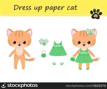 Dress up cute kawaii paper cat in dress. Vector illustration. Cartoon flat style