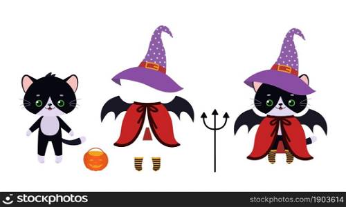 Dress up cute kawaii paper cat in Halloween costume. Vector illustration. Cartoon flat style