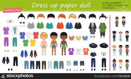 Dress up paper doll. Big set of professional, national and casual clothes for boys. Cartoon flat style. Vector illustration