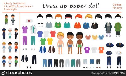 Dress up paper doll. Big set of professional, national and casual clothes for boys. Vector illustration. Cartoon flat style