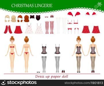 Dress up young woman in Christmas lingerie. Vector illustration. Cartoon flat style