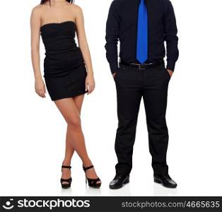 Dressed in black, with an elegant dress and formal attire