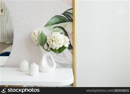 Dressing table with mirror close up in white room. Dressing table close up