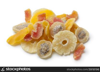 Dried and candied fruit on white background