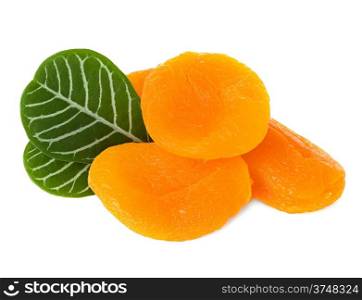 Dried apricots with leaves isolated