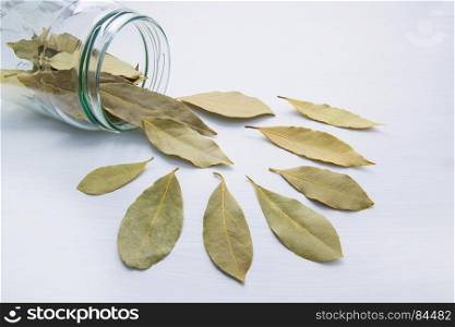 Dried bay leaves in glass jar on white wooden background.