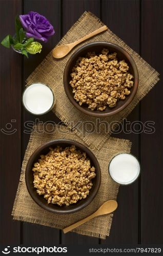 Dried berry and oatmeal breakfast cereal in rustic bowls with glasses of milk, photographed overhead on dark wood with natural light
