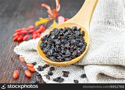 Dried black barberry in a spoon on sacking, sprigs with fresh berries and leaves on a dark wooden board background