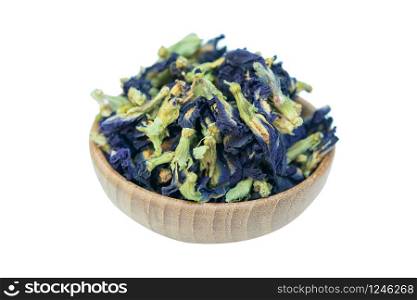 Dried butterfly pea on bowl wood isolated on white background with clipping path