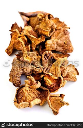 Dried chanterelle mushrooms isolated on white background