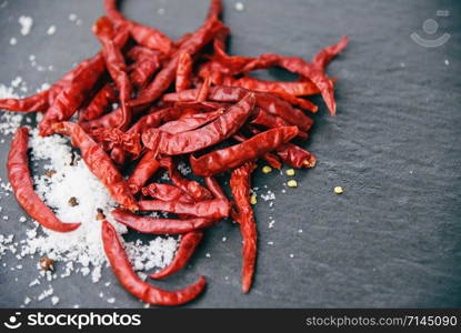 dried chilli with salt herbs and spices on dark background