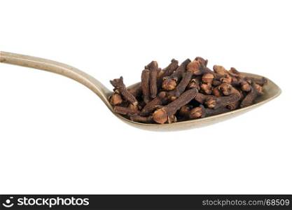 Dried cloves isolated in a spoon on white background. Aromatic seasoning