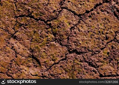 Dried cracked red clay natural soil in orange brown color