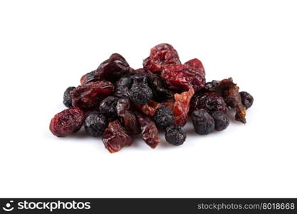 Dried cranberries, cherries and blueberries on white background