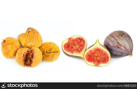 Dried figs and fruits of fresh figs isolated on white background. Collage . Wide photo.