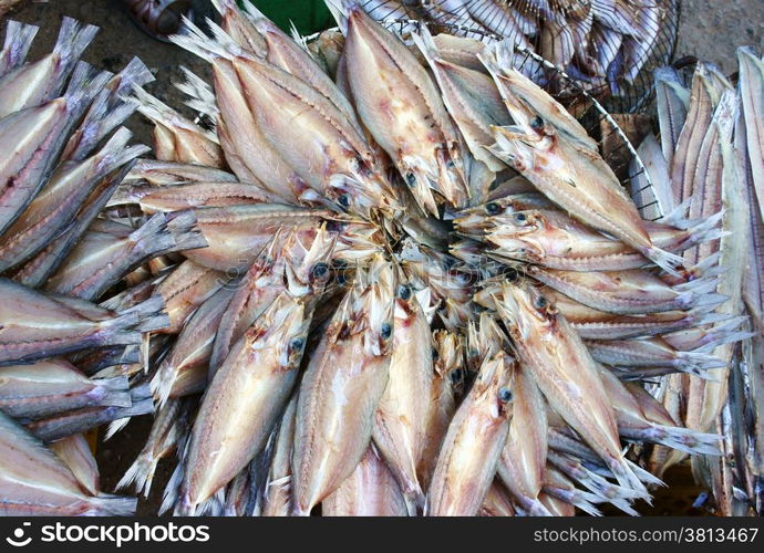 Dried fish, seafood product, salted, Vietnamese food, commonly found in coastal Asian, show at Vietnam open air market