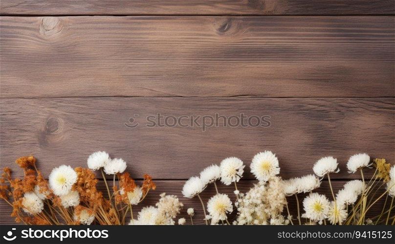 Dried flowers on brown wooden background. Top view with copy space