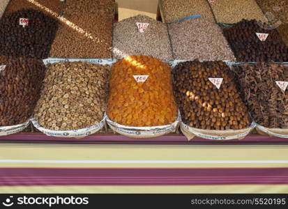 Dried food and spices for sale at a market stall, Marrakesh, Morocco