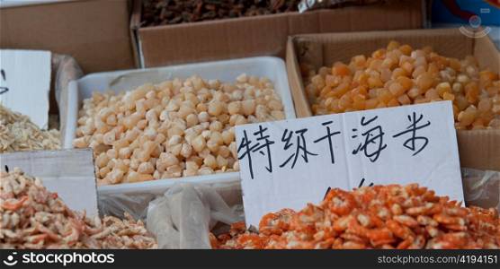 Dried food at a market stall, Binhai, Tianjin, China
