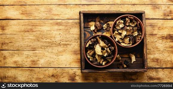 Dried forest mushrooms in a plate.Heap of dried edible mushrooms.Space for text. Sliced dried mushrooms,copy space
