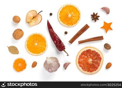 dried fruit and spices isolated on white background